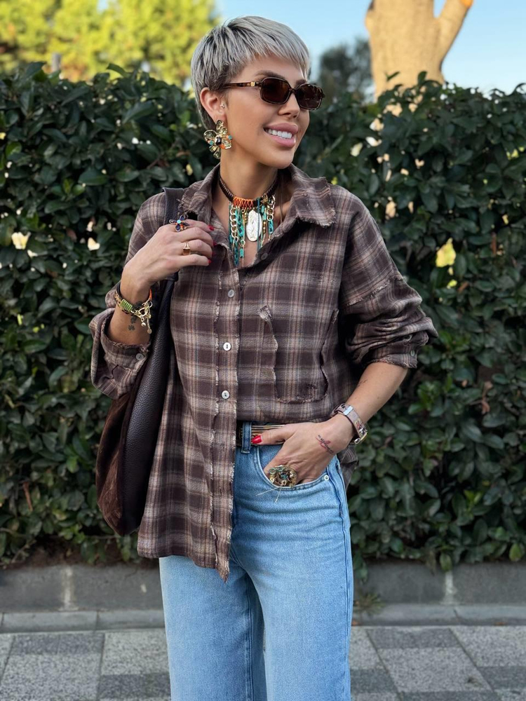 BROWN NATURAL-CUT PLAID SHIRT