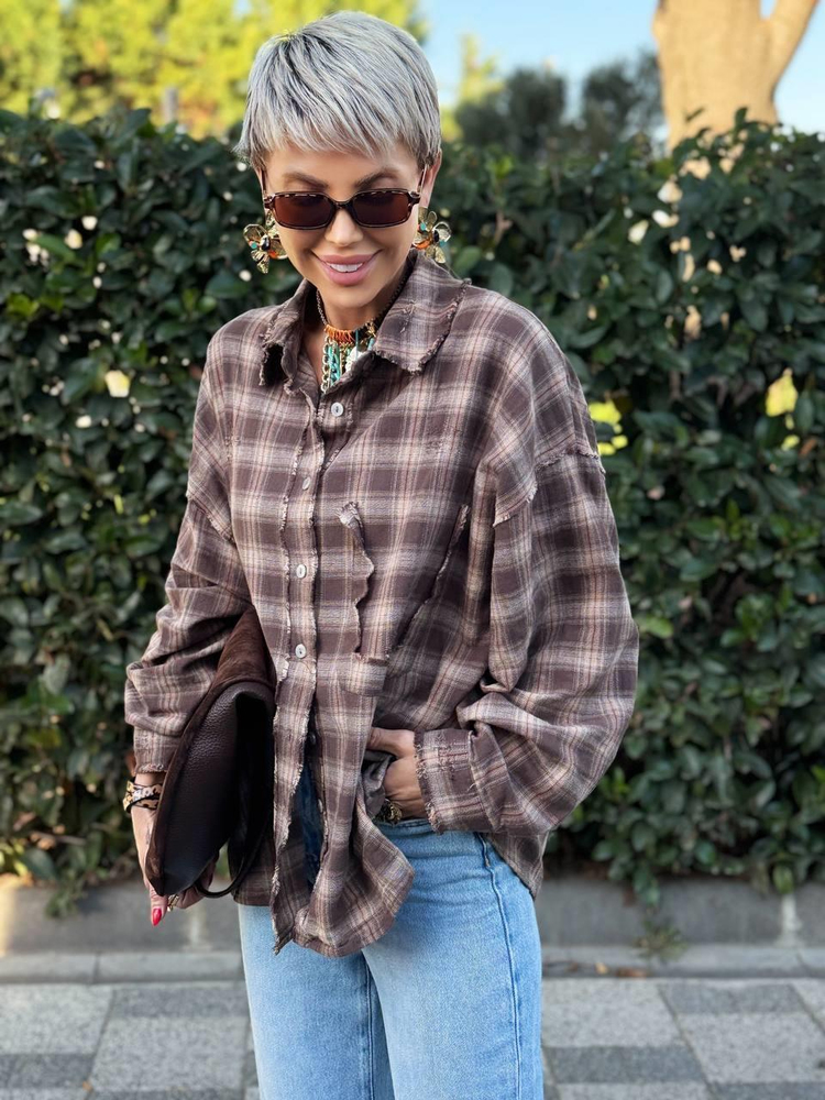 BROWN NATURAL-CUT PLAID SHIRT