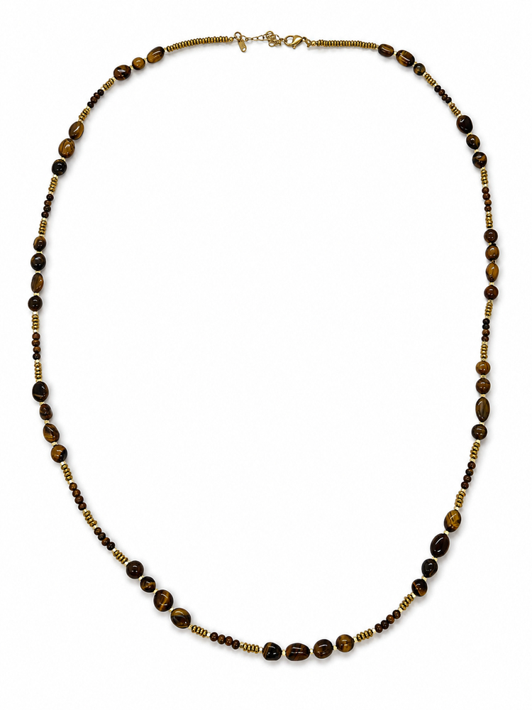 Kahve Oval Taşlı Gold Detaylı Uzun Kolye