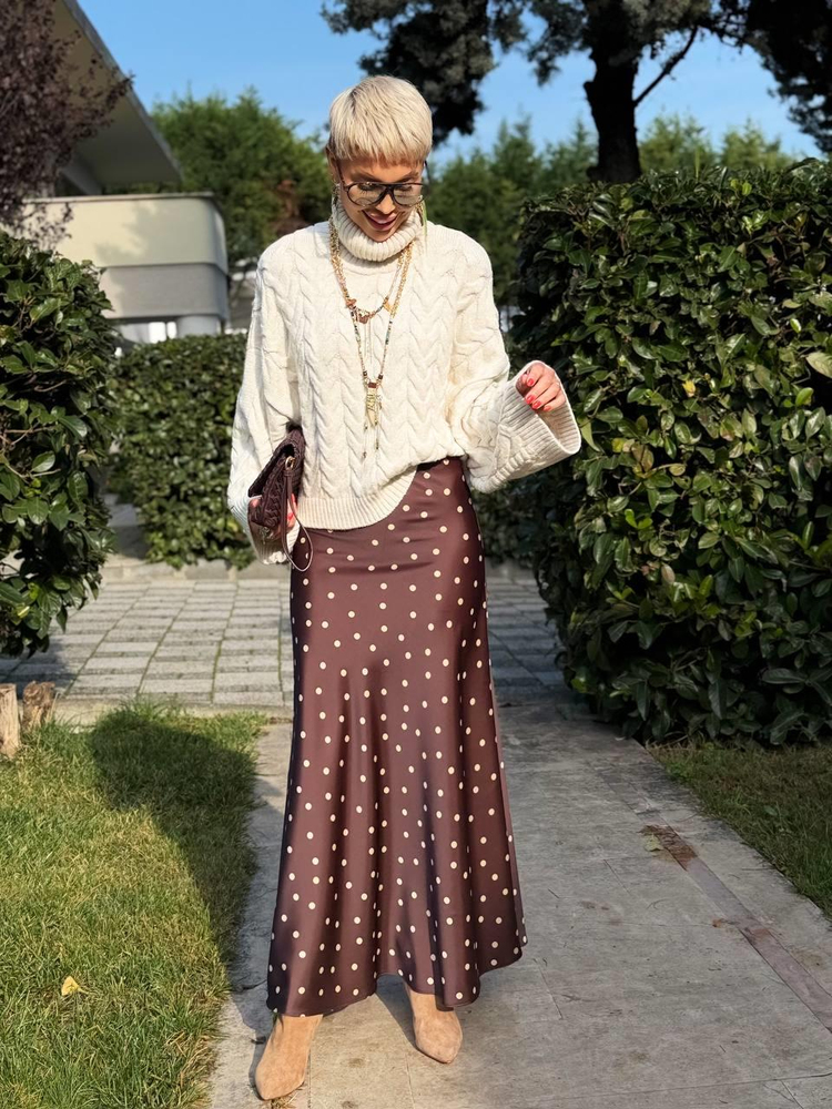 KAHVE PUANTİYELİ UZUN SATEN ETEK
