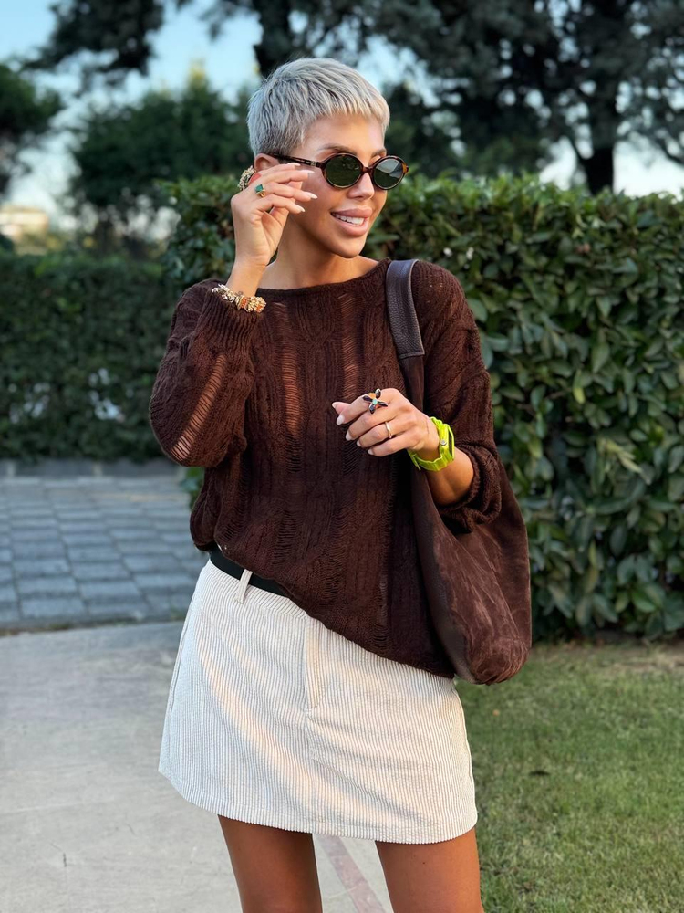 BROWN CABLE KNIT OPENWORK SWEATER 