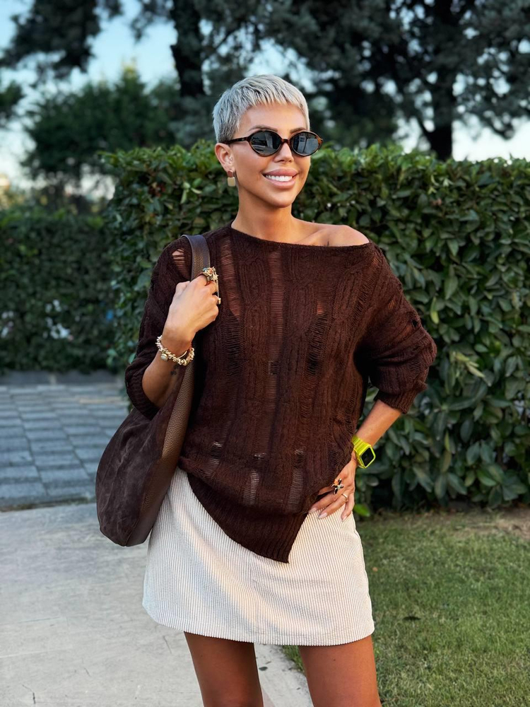 BROWN CABLE KNIT OPENWORK SWEATER 