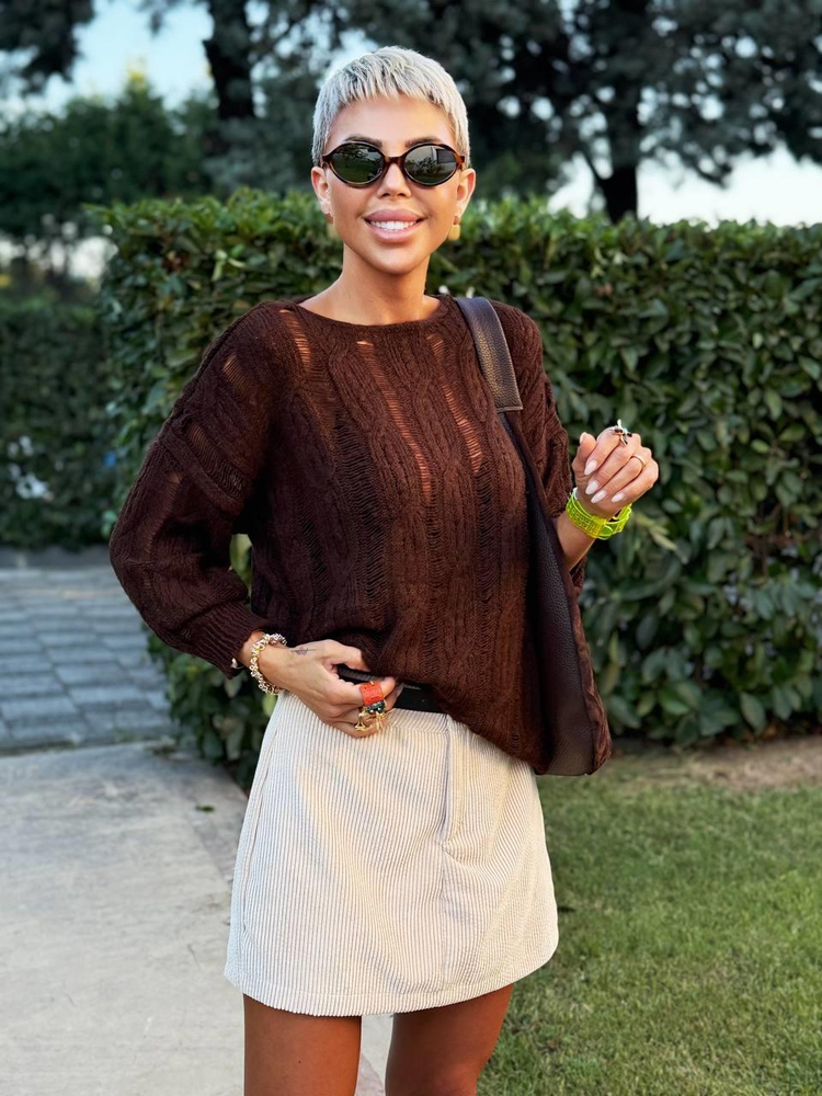 BROWN CABLE KNIT OPENWORK SWEATER 