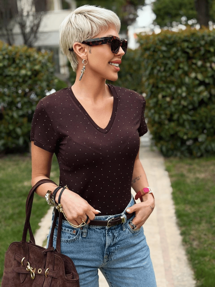KAHVE V YAKA TAŞLI MODAL TSHIRT
