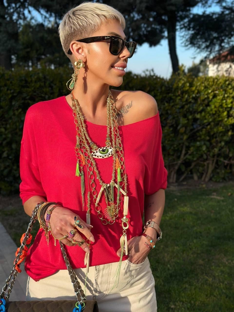 RED BOAT-NECK MERCERIZED BLOUSE