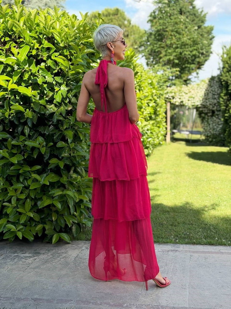 KIRMIZI S.STUDIO MAGENTA ASKILI KAT KAT İPEK ELBİSE
