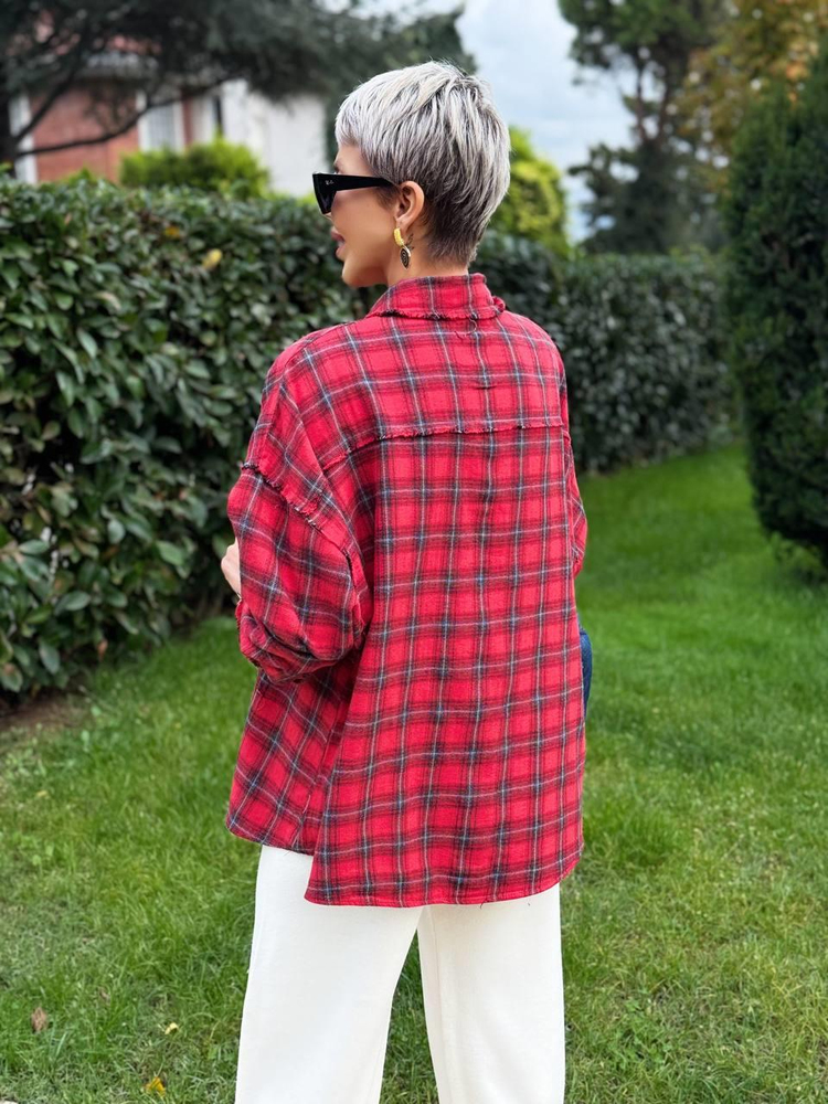 RED NATURAL-CUT PLAID SHIRT