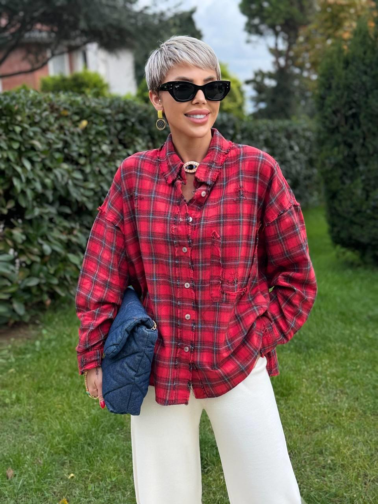 RED NATURAL-CUT PLAID SHIRT