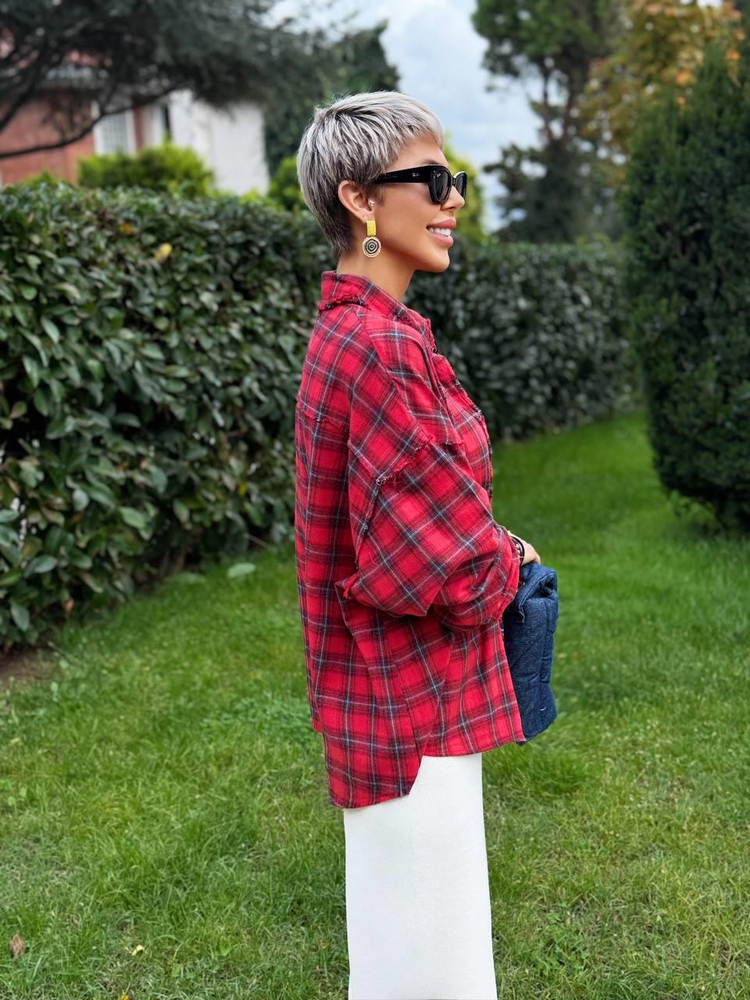RED NATURAL-CUT PLAID SHIRT