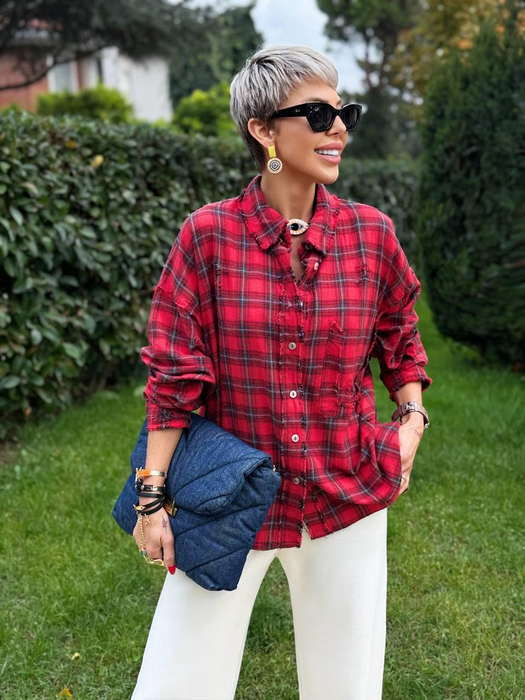 RED NATURAL-CUT PLAID SHIRT