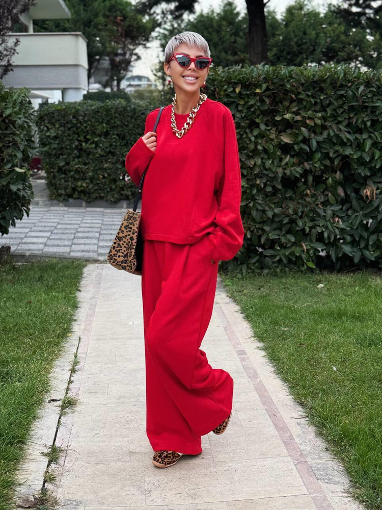 RED HEAVY FLEECE PALAZZO SWEATPANTS 