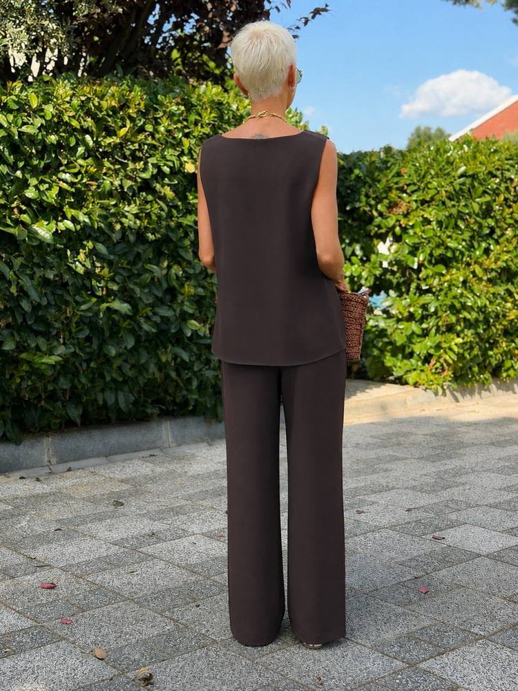 Kolsuz Bluz Pantolon Takım - Acı Kahve