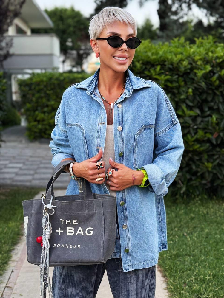 DARK BLUE OVERSIZE DENIM SHIRT WITH FAUX POCKET DETAIL