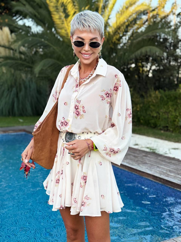 CREAM FLORAL PRINT CHIFFON BLOUSE AND SKIRT SET