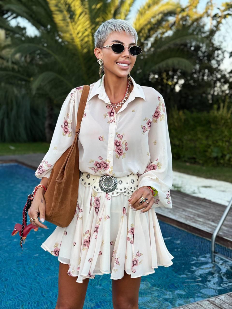CREAM FLORAL PRINT CHIFFON BLOUSE AND SKIRT SET