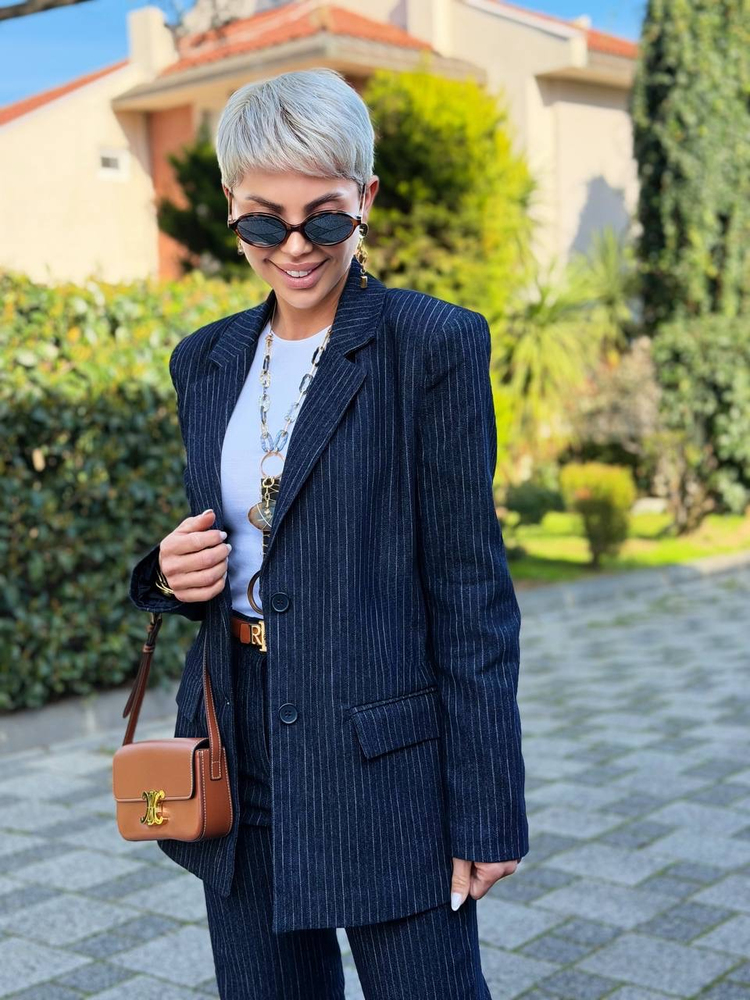 LACİVERT ÇİZGİ DETAY DOKUMA BLAZER CEKET