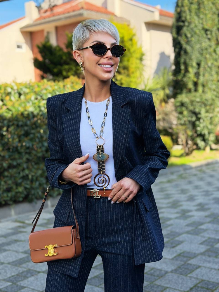LACİVERT ÇİZGİ DETAY DOKUMA BLAZER CEKET