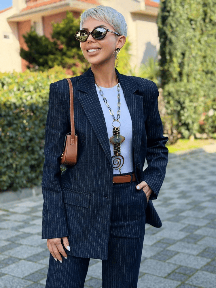 LACİVERT ÇİZGİ DETAY DOKUMA BLAZER CEKET