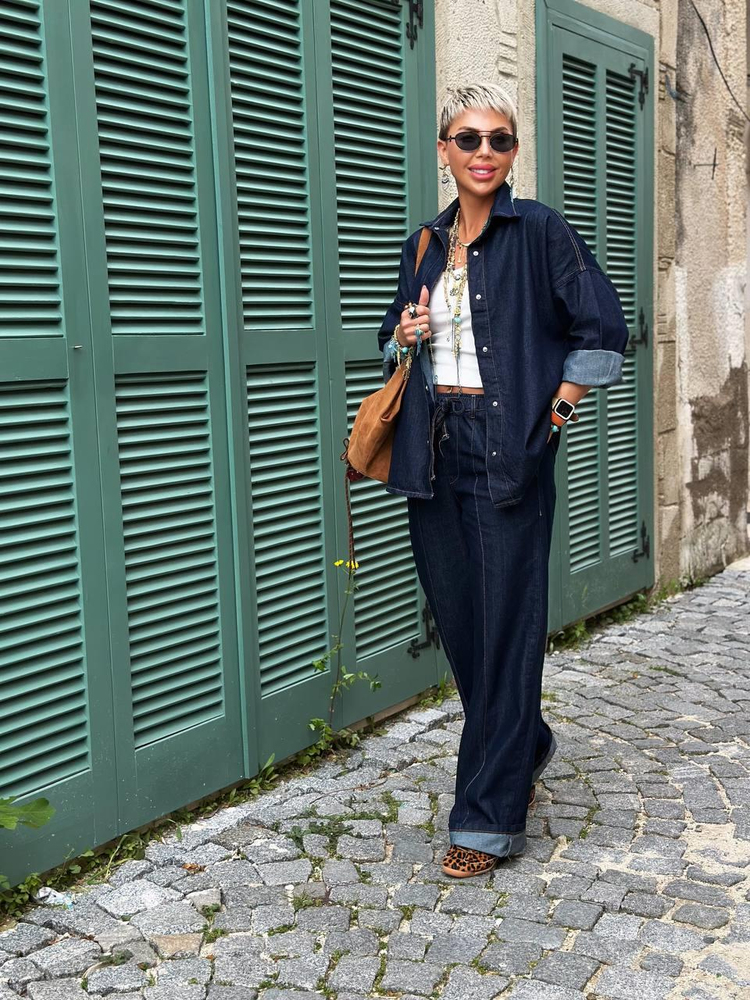 NAVY DENIM ELASTIC-WAIST PANTS AND SHIRT SET