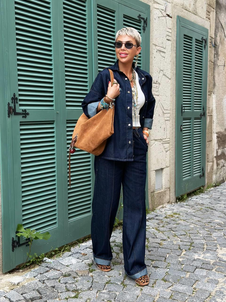 NAVY DENIM ELASTIC-WAIST PANTS AND SHIRT SET