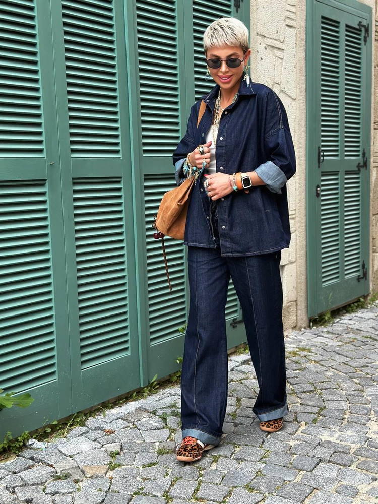 NAVY DENIM ELASTIC-WAIST PANTS AND SHIRT SET