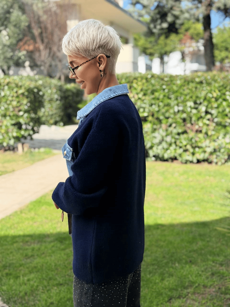 LACİVERT DENIM DETAY CEPLİ POLO YAKA TRİKO KAZAK 