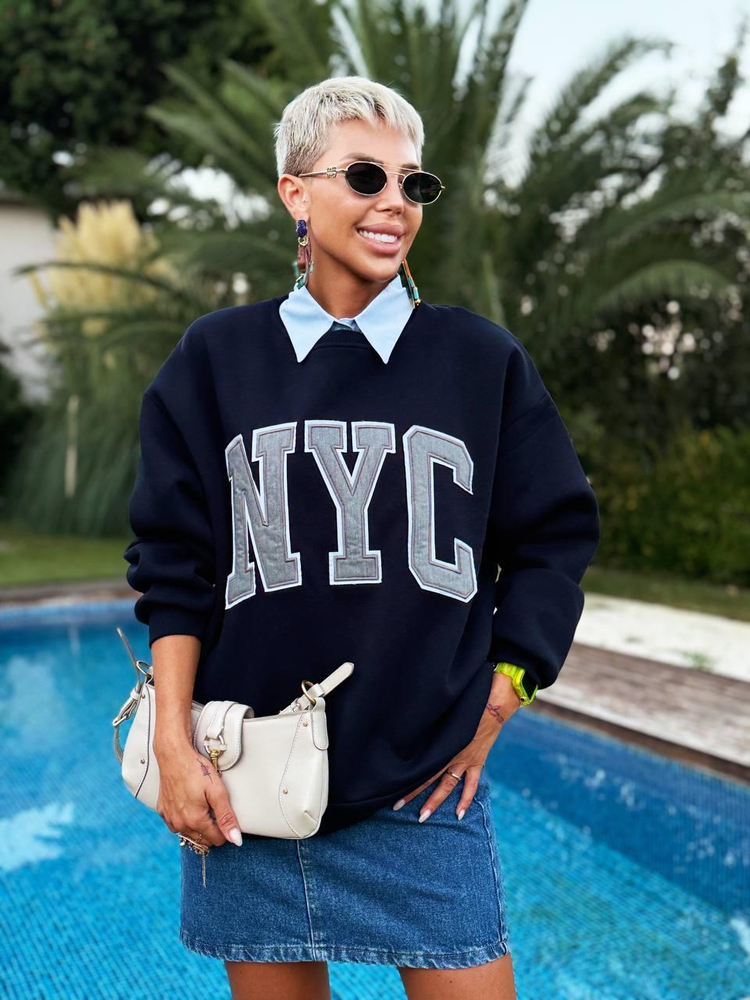 NAVY SHIRT-COLLAR NYC SWEATSHIRT