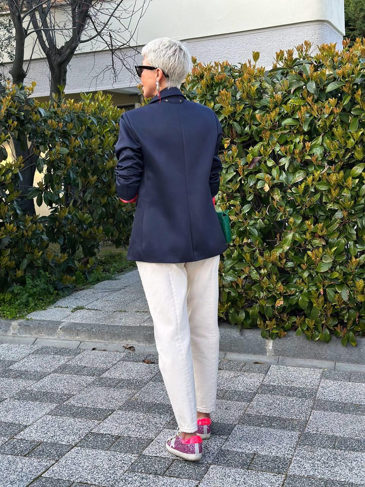 LACİVERT İÇİ BASKILI KURDELE DETAY BLAZER CEKET