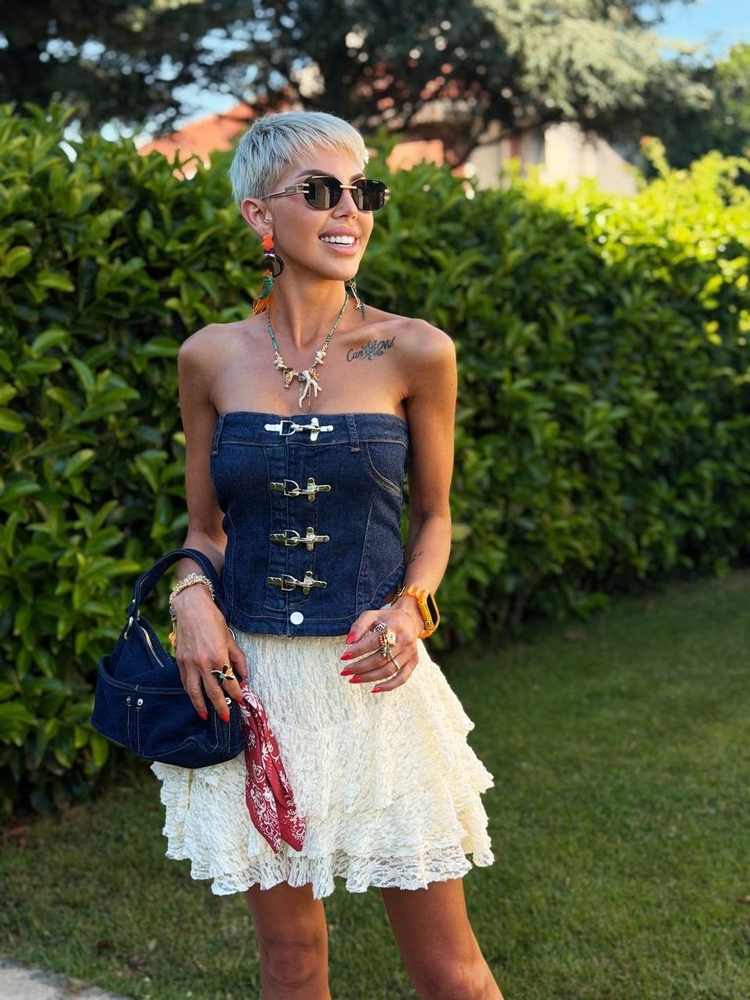 LACİVERT KANCALI DENIM CROP