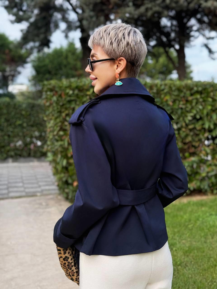 NAVY BELTED SHORT TRENCH COAT
