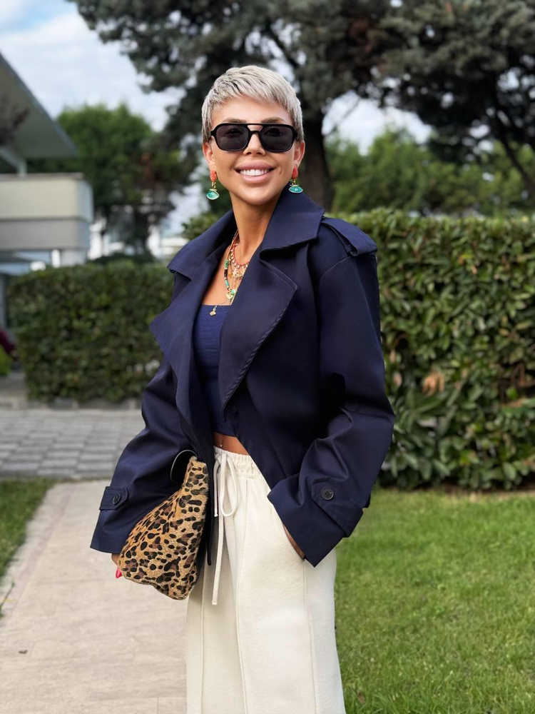 NAVY BELTED SHORT TRENCH COAT