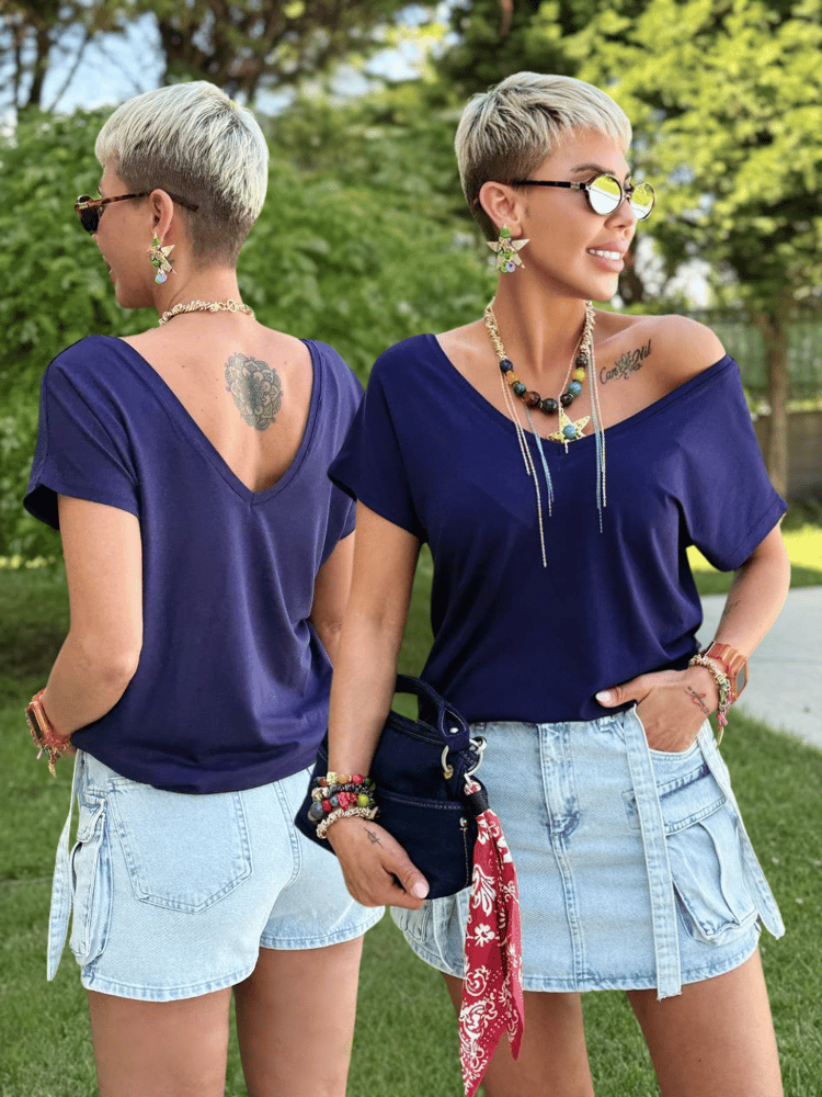 LACİVERT S.STUDIO PREMIUM ÖN ARKA V YAKA TSHIRT