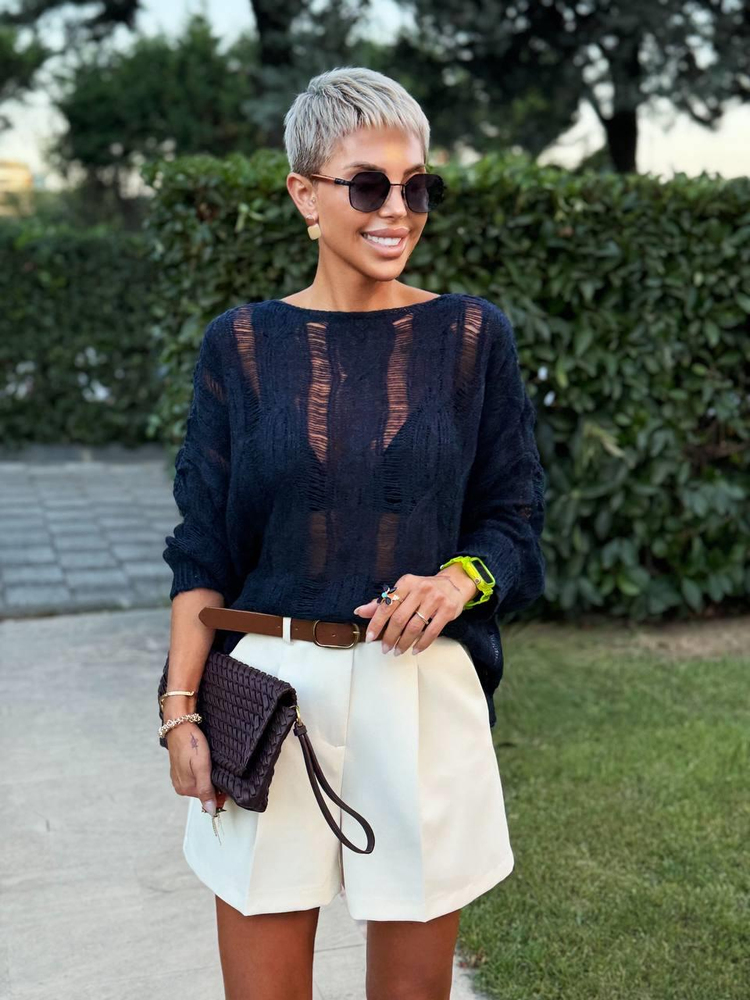 NAVY CABLE KNIT OPENWORK SWEATER 