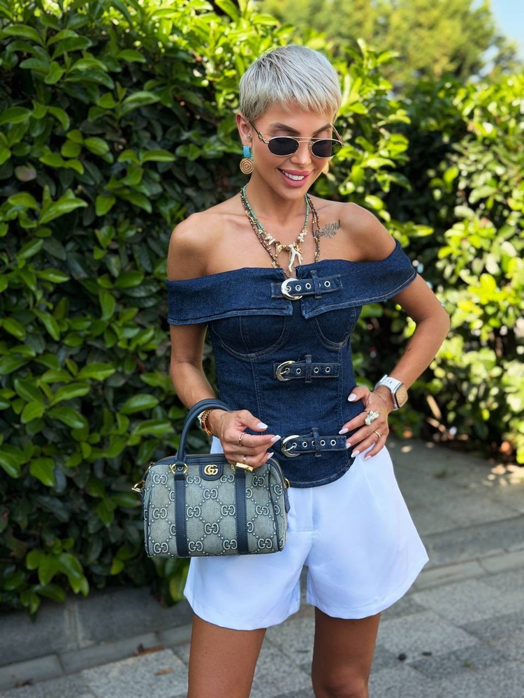 LACİVERT SIRT FERMUARLI KEMER DETAY DENIM BÜSTİYER