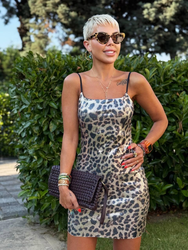 LEOPAR ASKILI PAYETLİ MİNİ ELBİSE 