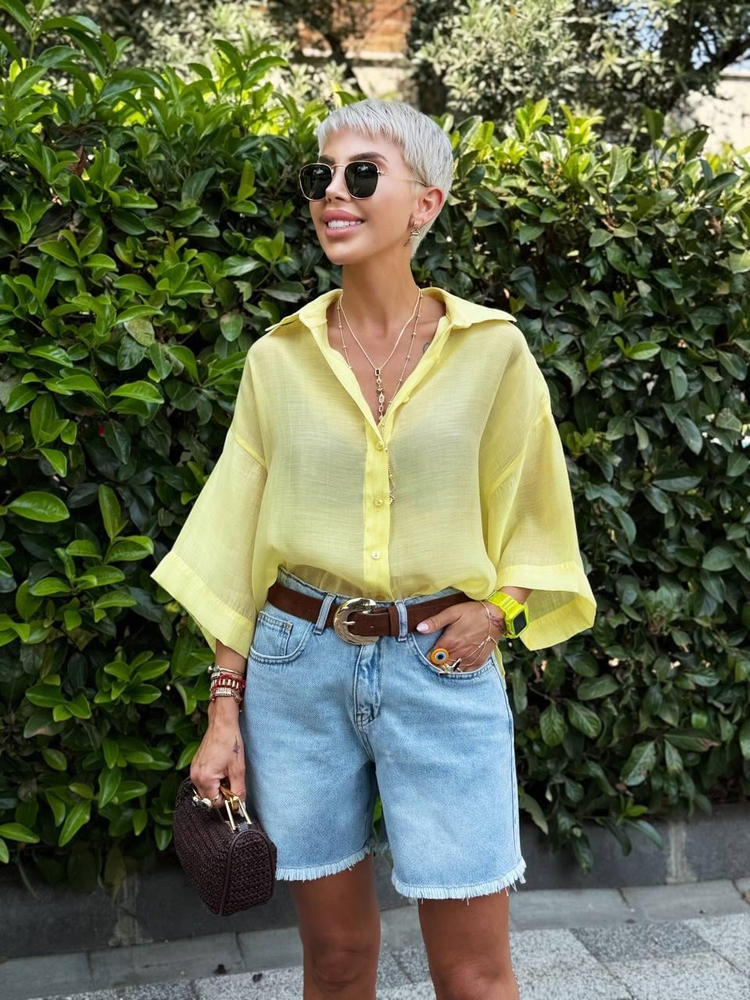 LİMON SARISI OVERSIZE İPEKSİ GÖMLEK