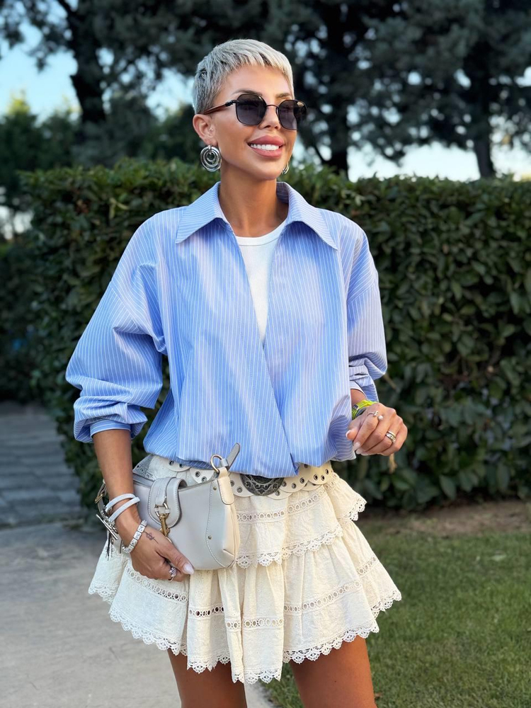 BLUE STRIPED SHIRT WITH BODYSUIT DETAIL
