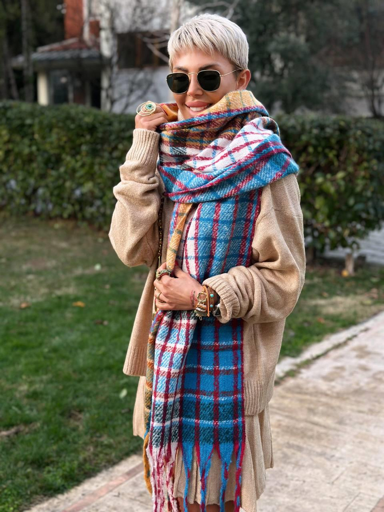 BLUE PLAID-PATTERN MULTICOLOR WOOL SCARF