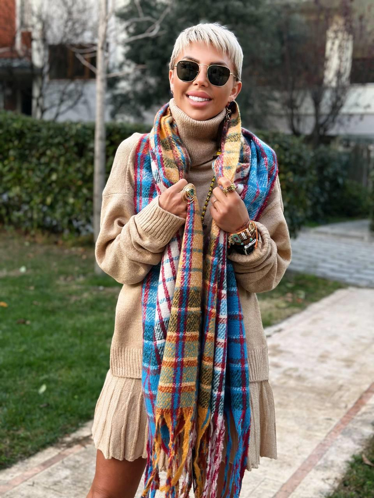 BLUE PLAID-PATTERN MULTICOLOR WOOL SCARF