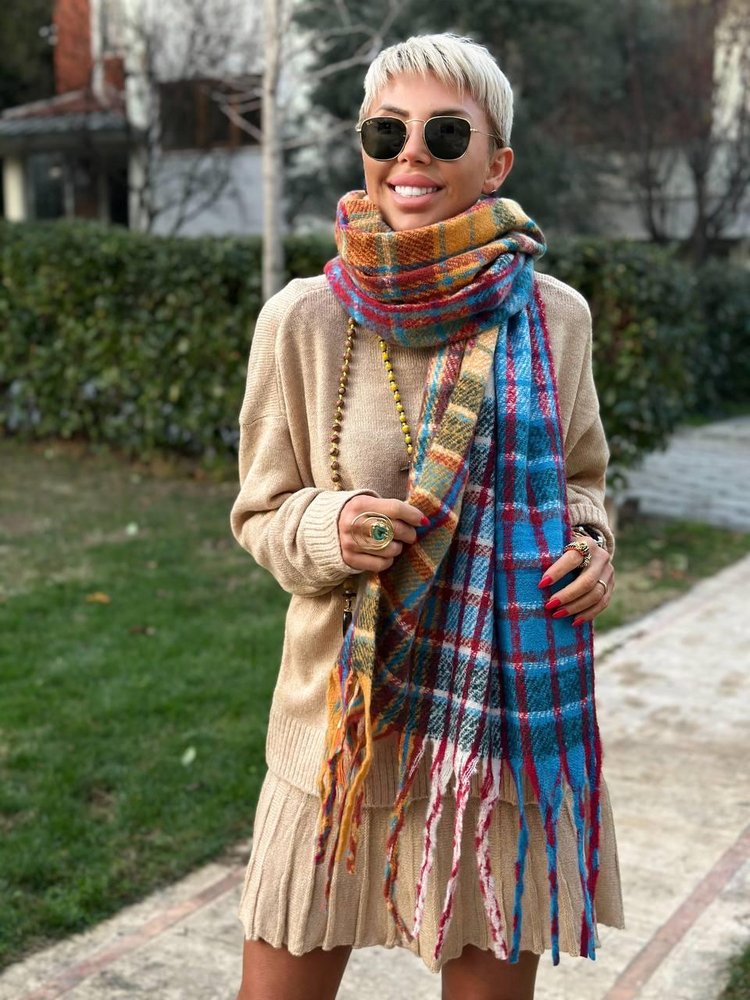 BLUE PLAID-PATTERN MULTICOLOR WOOL SCARF