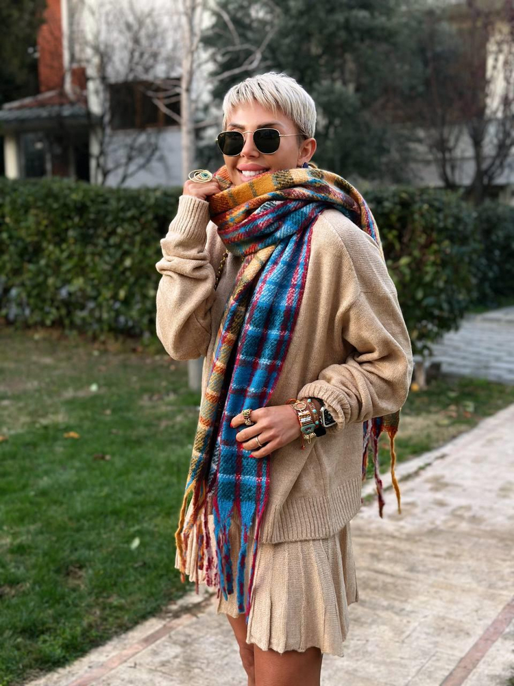 BLUE PLAID-PATTERN MULTICOLOR WOOL SCARF