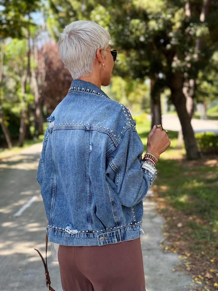 BLUE S.STUDIO LASER-DESIGN DROPPED DENIM JACKET