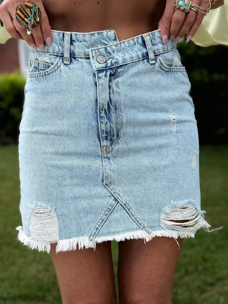MAVİ ASİMETRİK DÜĞME KAPAMA DENIM ETEK