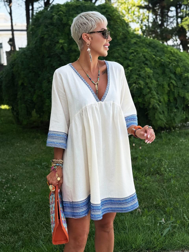 NATURAL RENK KETEN BOHEM ELBİSE