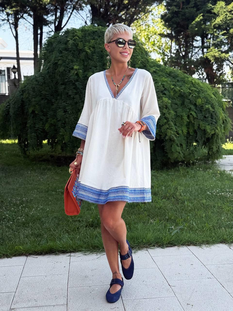 NATURAL RENK KETEN BOHEM ELBİSE