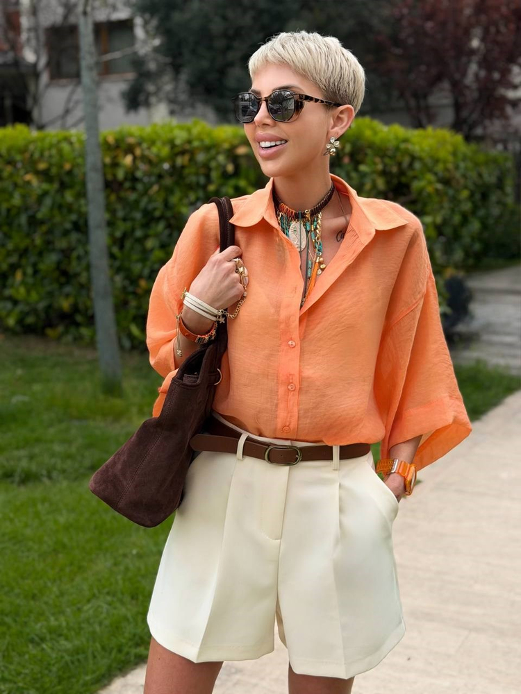 ORANJ OVERSIZE İPEKSİ GÖMLEK