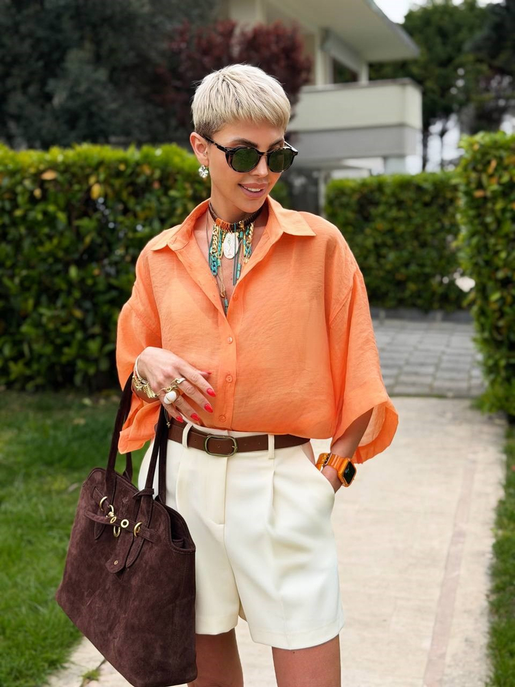 ORANJ OVERSIZE İPEKSİ GÖMLEK