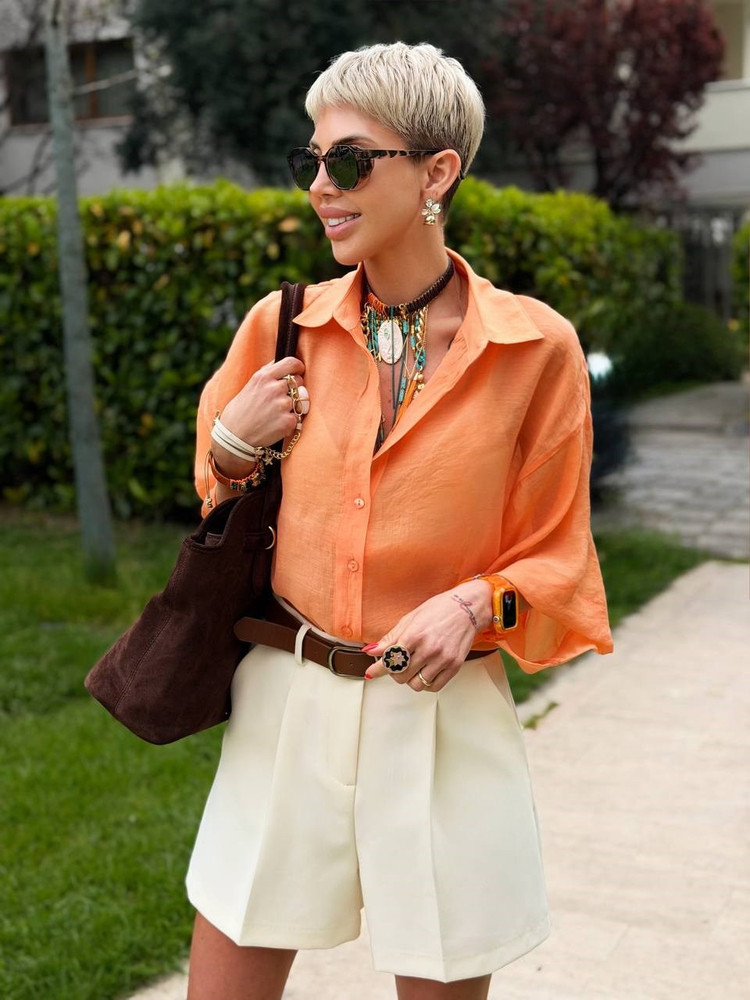 ORANJ OVERSIZE İPEKSİ GÖMLEK