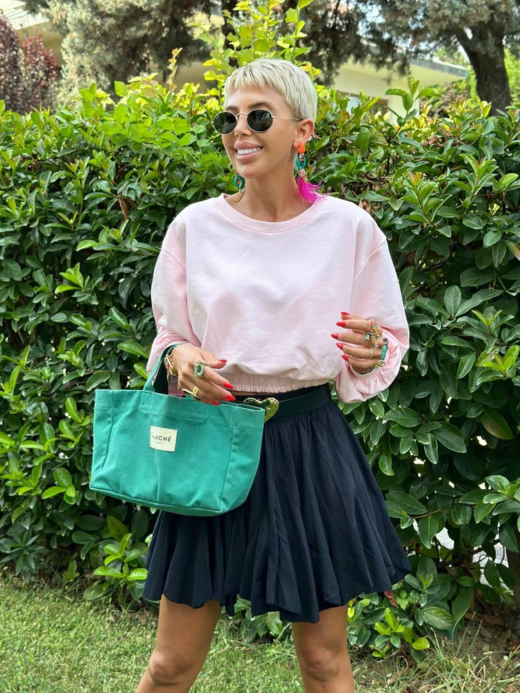 PINK ELASTIC-WAIST CROP SWEATSHIRT