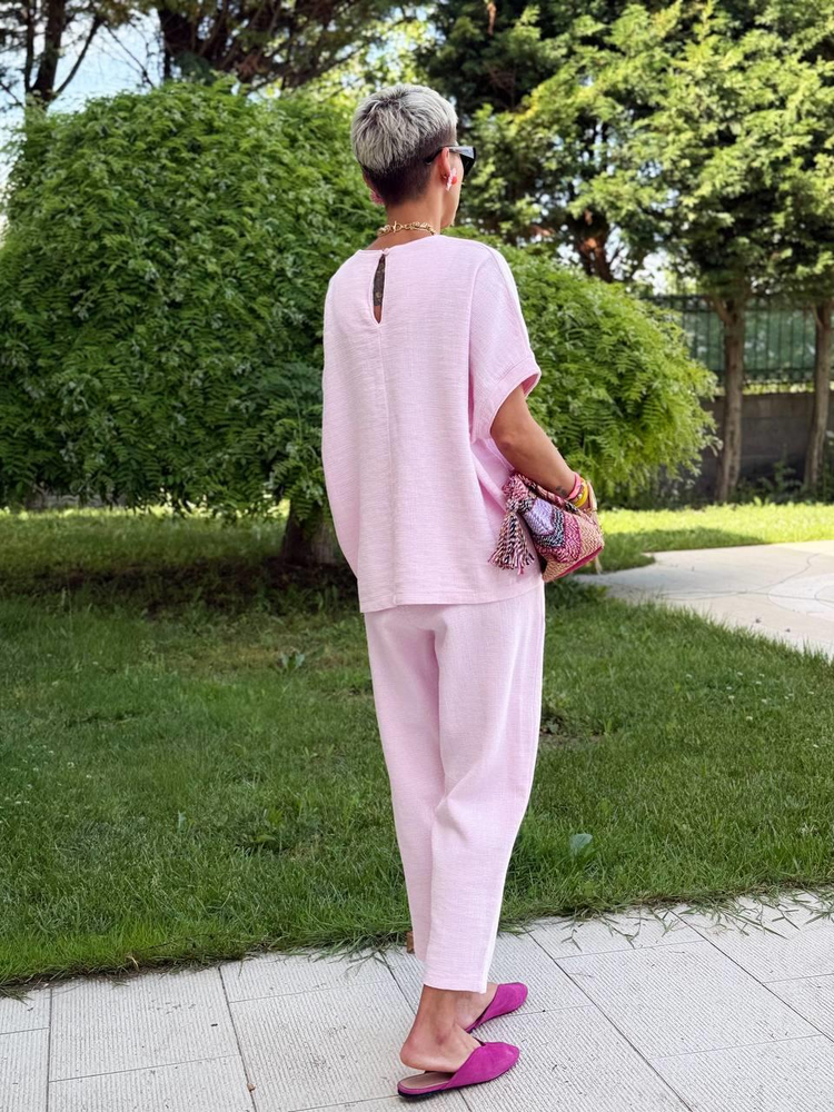 S.STUDIO PEMBE KETEN SALAŞ BLUZ PANTOLON TAKIM